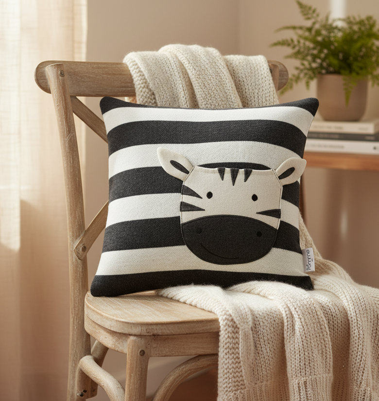 Pomme Striped Cushion Cover With Pocket Baby Zebra (Dark Grey & Ivory)