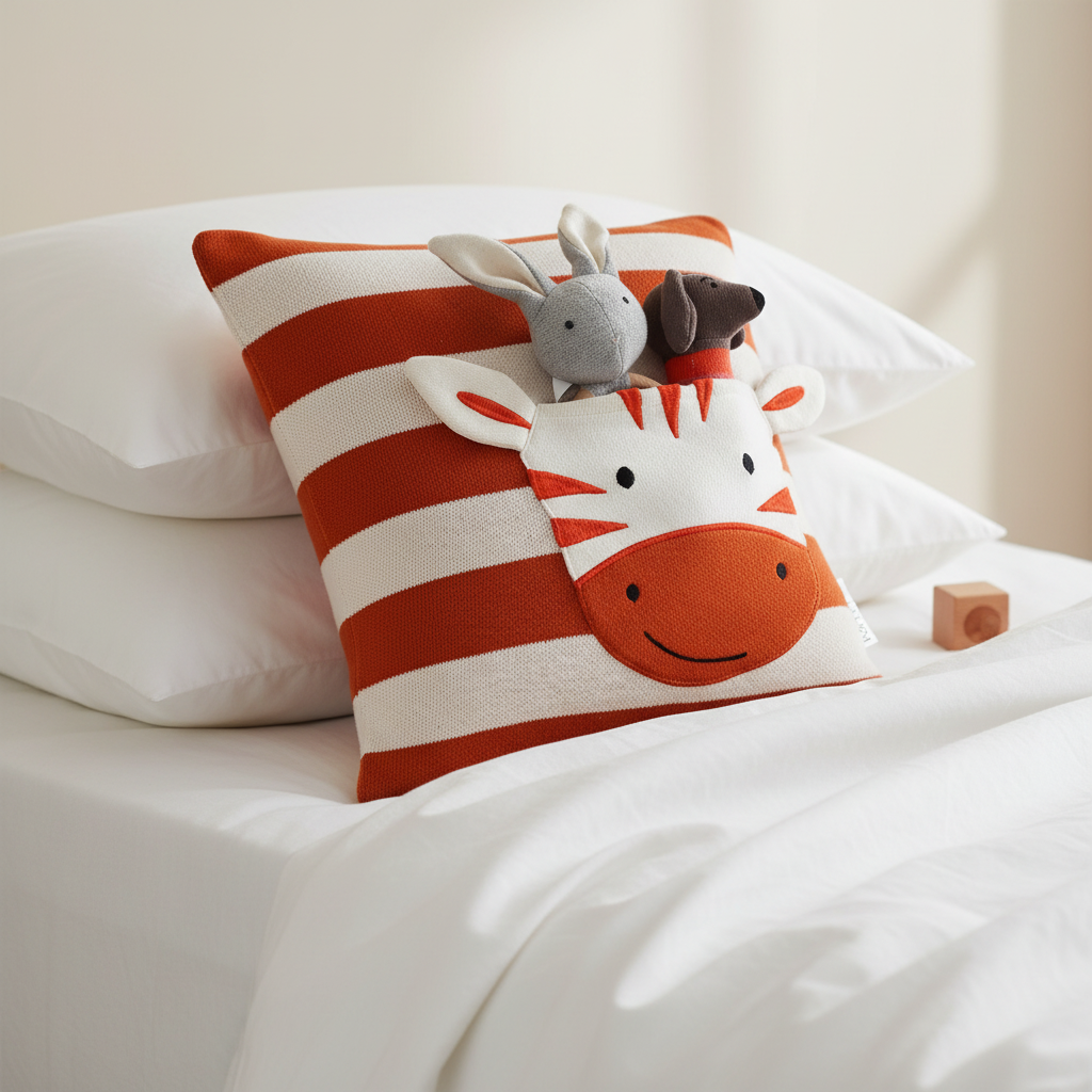 Pomme Striped Cushion Cover With Zebra Pocket (Rust & Ivory)