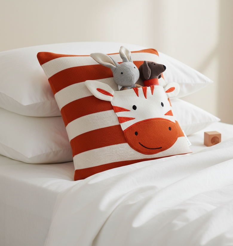 Pomme Striped Cushion Cover With Zebra Pocket (Rust & Ivory)