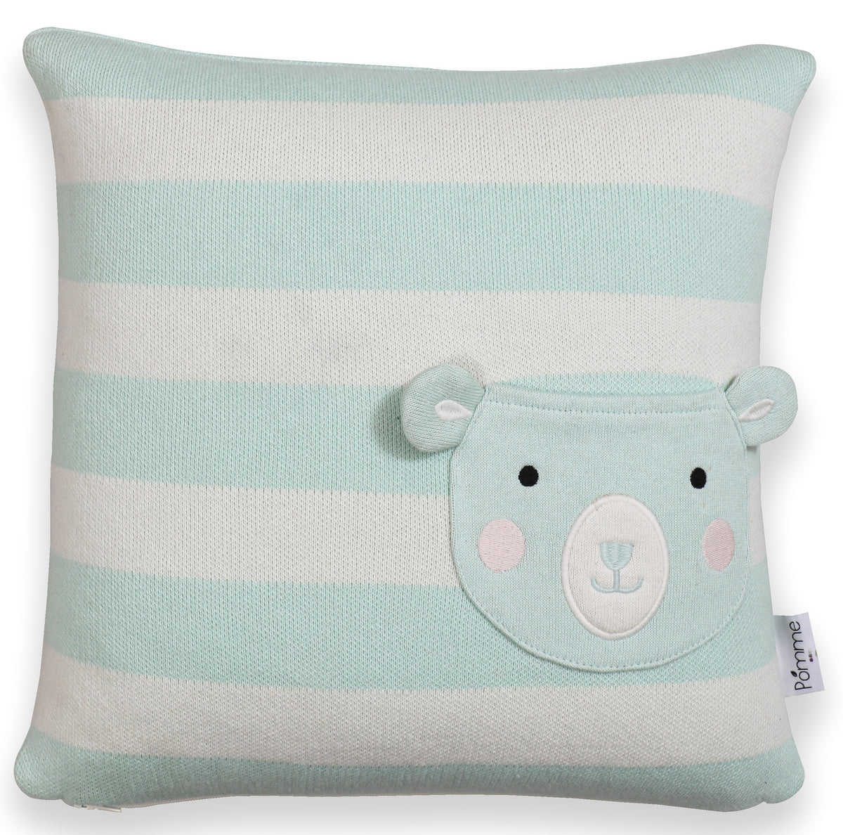 Pomme Striped Cushion Cover With a Pocket Bear (Ivory & Soothing Blue)