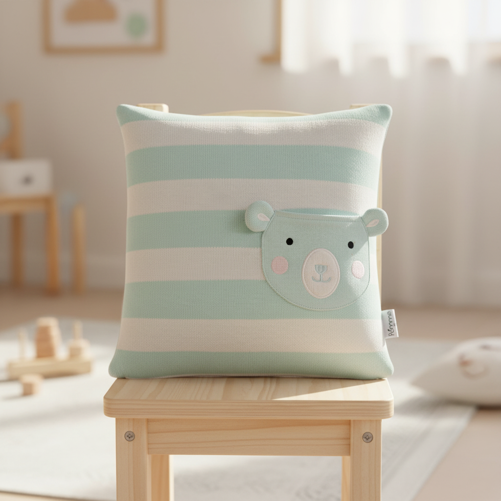 Pomme Striped Cushion Cover With a Pocket Bear (Ivory & Soothing Blue)