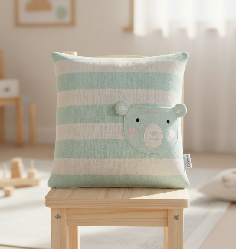 Pomme Striped Cushion Cover With a Pocket Bear (Ivory & Soothing Blue)