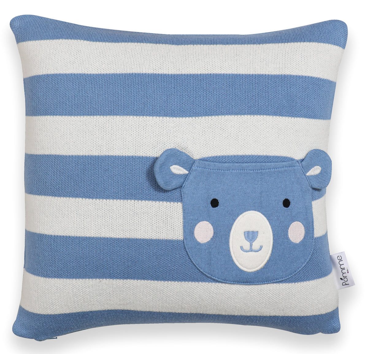 Pomme Striped Cushion Cover With Pocket Bear (Ivory Norse Blue)