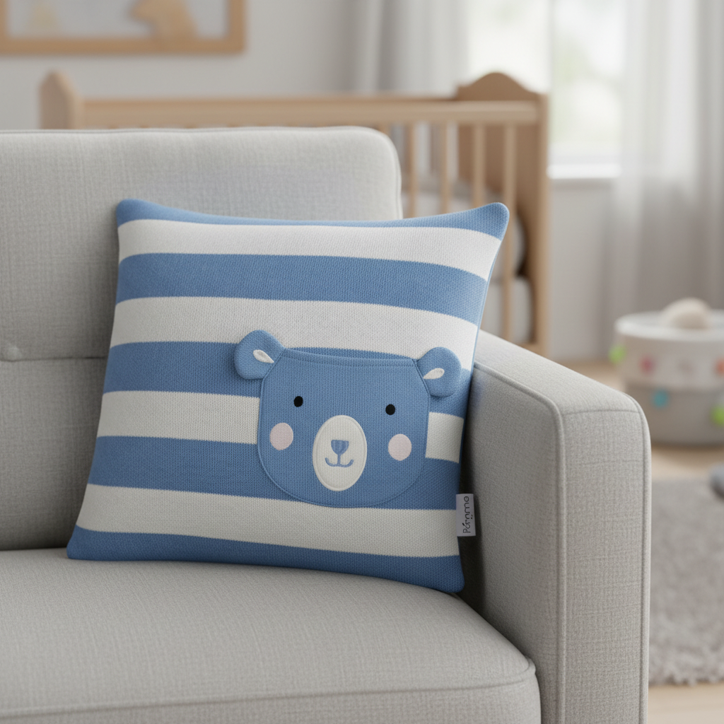 Pomme Striped Cushion Cover With Pocket Bear (Ivory Norse Blue)