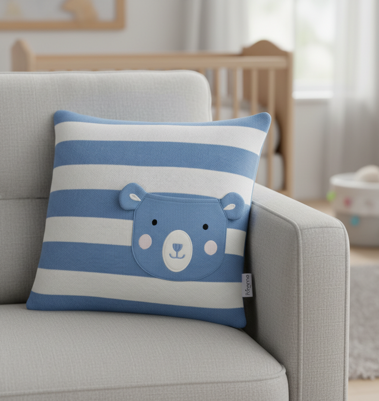 Pomme Striped Cushion Cover With Pocket Bear (Ivory Norse Blue)