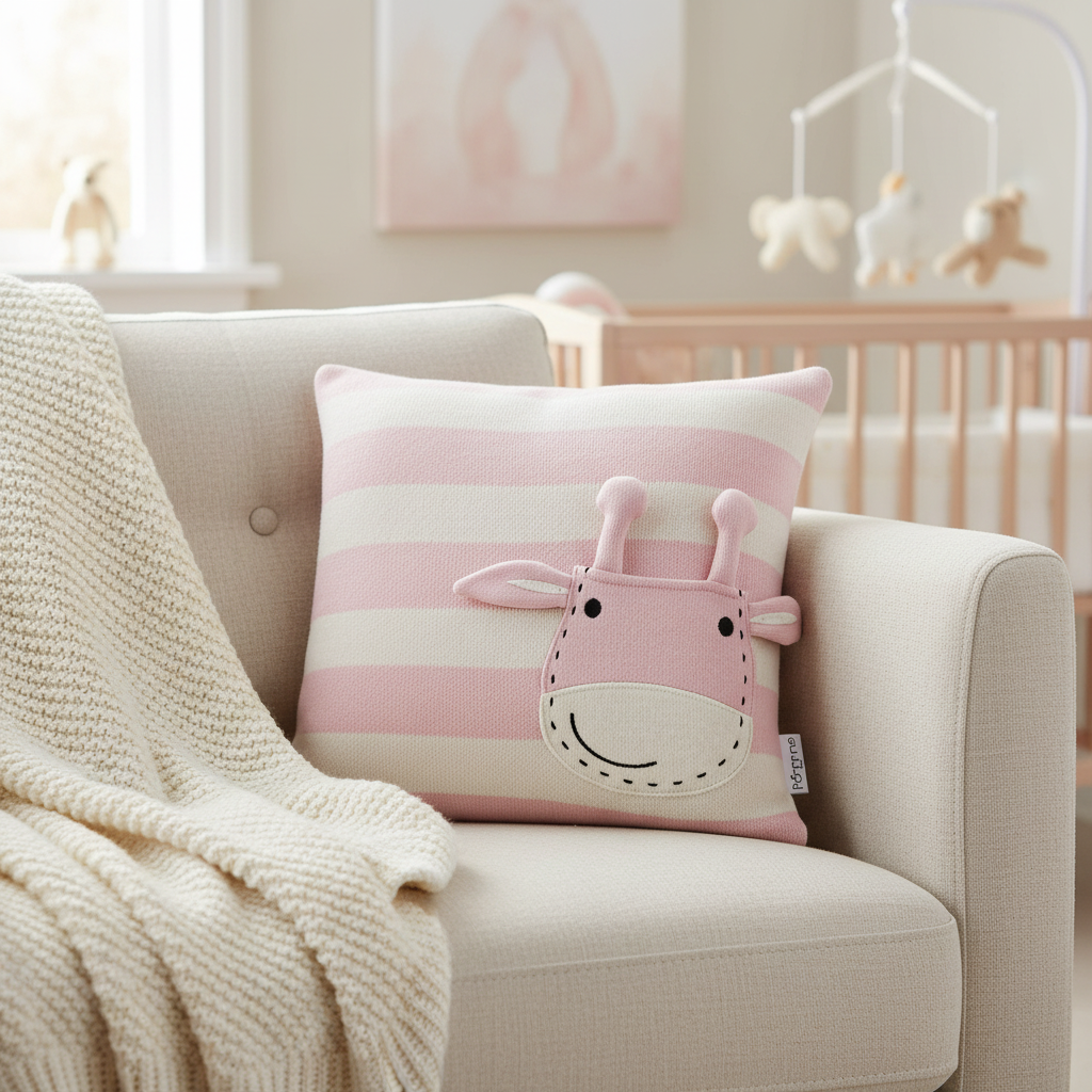 Pomme Striped Cushion Cover With Cute Giraffe Pocket (Ivory Candy Pink)