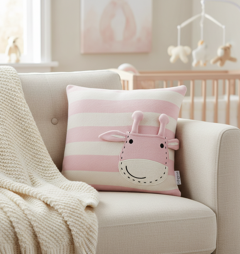 Pomme Striped Cushion Cover With Cute Giraffe Pocket (Ivory Candy Pink)