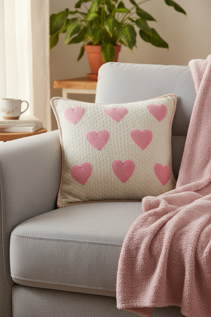 Pomme Kids Cotton Knitted Cushion Cover with Cute Heart Pattern (Ivory & Air Pink)