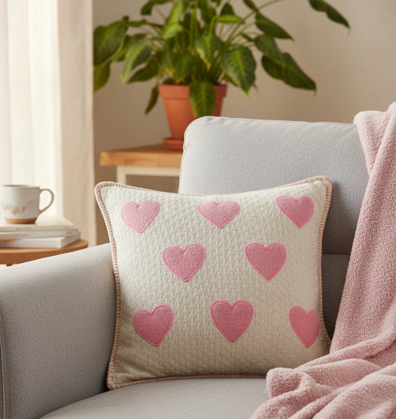 Pomme Kids Cotton Knitted Cushion Cover with Cute Heart Pattern (Ivory & Air Pink)