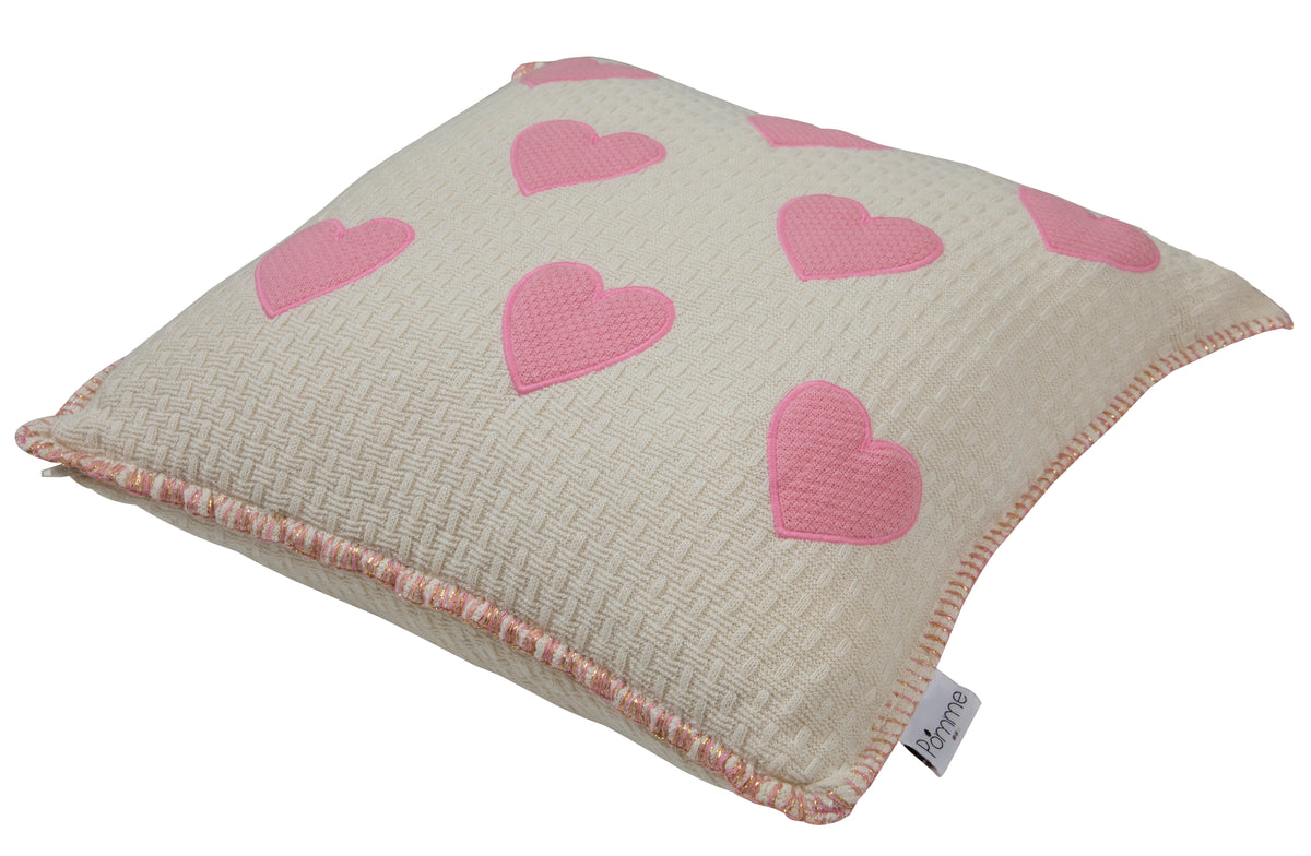Pomme Kids Cotton Knitted Cushion Cover with Cute Heart Pattern (Ivory & Air Pink)