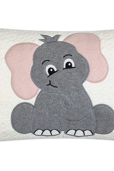 Kids Cushion Cover With Cute Quilt Elephant Pattern Ivory Grey Pink