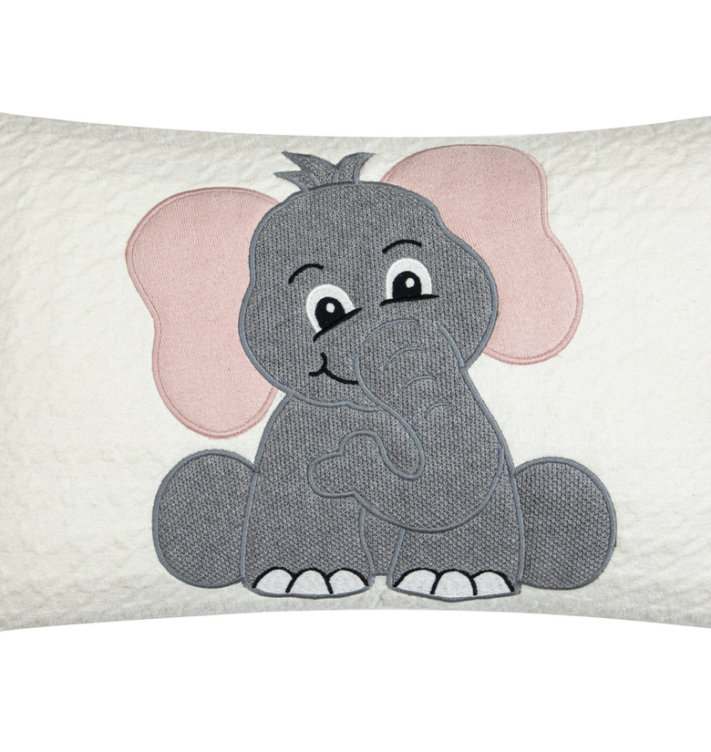 Kids Cushion Cover With Cute Quilt Elephant Pattern Ivory Grey Pink