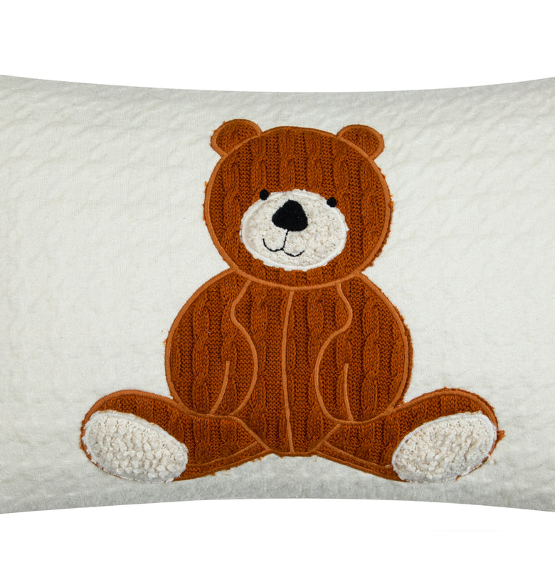 Kids Cushion Cover With Cute Quilt Bear Pattern Ivory Honey Ginger