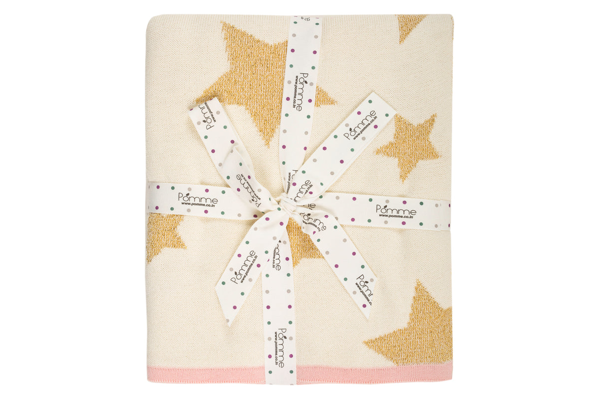 Pomme Cotton Knitted Gold Stars Reversible Baby Blanket (Ivory & Gold Lurex)