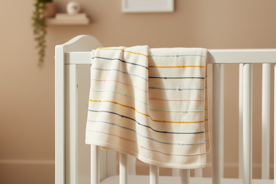 Pomme Cotton Knitted Rainbow Beaded Stripe Baby Blanket (Ivory)