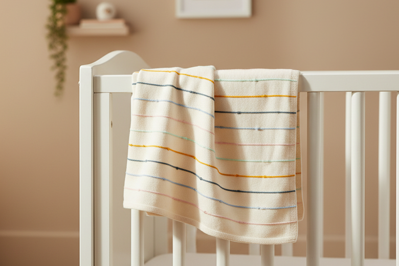 Pomme Cotton Knitted Rainbow Beaded Stripe Baby Blanket (Ivory)