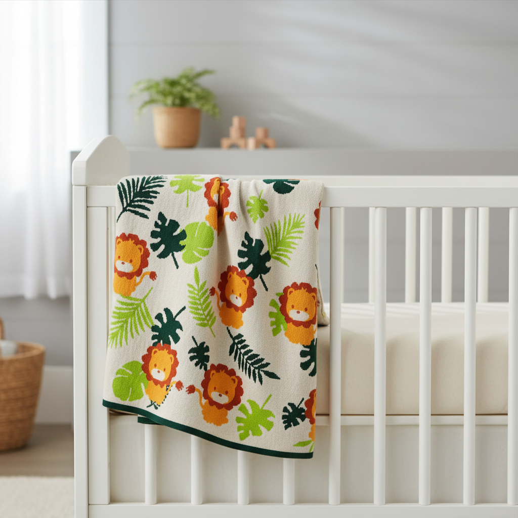 Pomme Cotton Knitted Lion In The Wild Baby Blanket (Ivory)