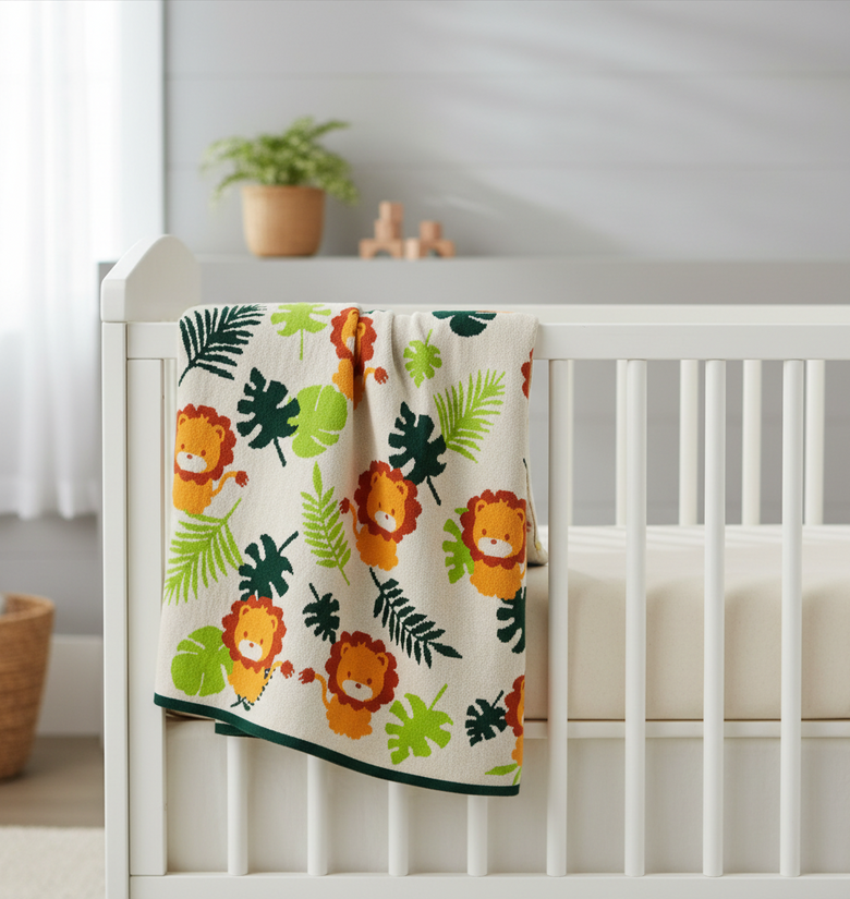 Pomme Cotton Knitted Lion In The Wild Baby Blanket (Ivory)