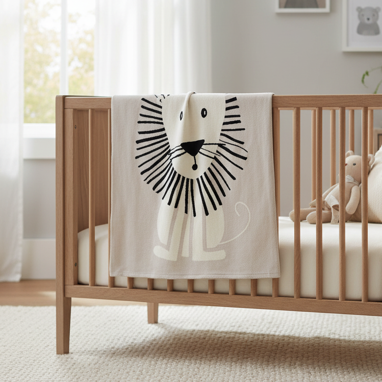 Pomme Cotton Knitted Big Roar Lion Reversible Baby Blanket (Grey Melange & Ivory)