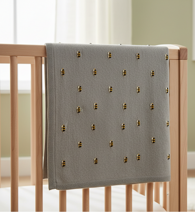 Pomme Cotton Knitted Buzzing Bees Baby Blanket (Grey Melange)