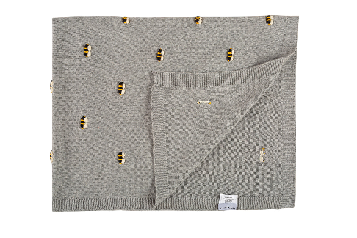 Pomme Cotton Knitted Buzzing Bees Baby Blanket (Grey Melange)