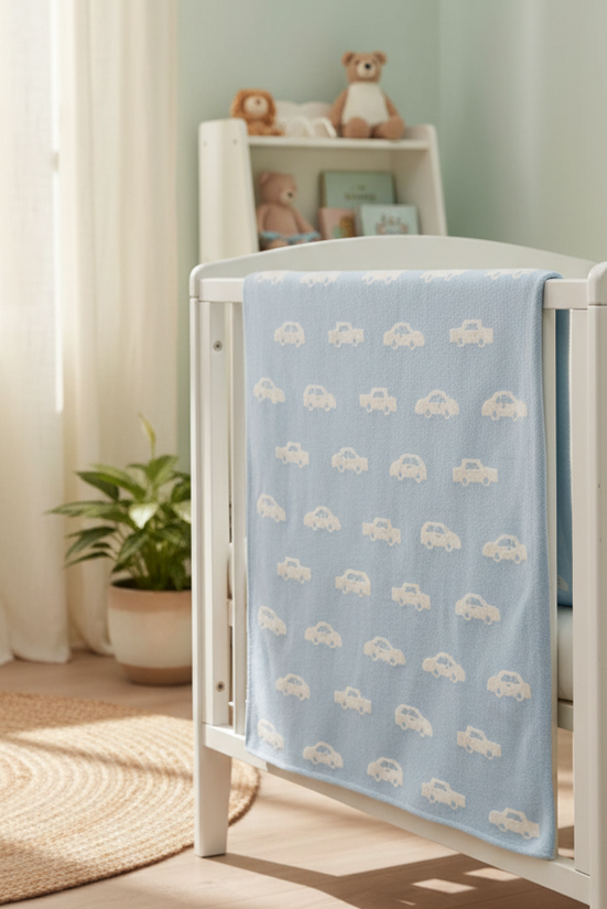 Pomme Cotton Knitted Little Cars Reversible Baby Blanket (Baby Blue)