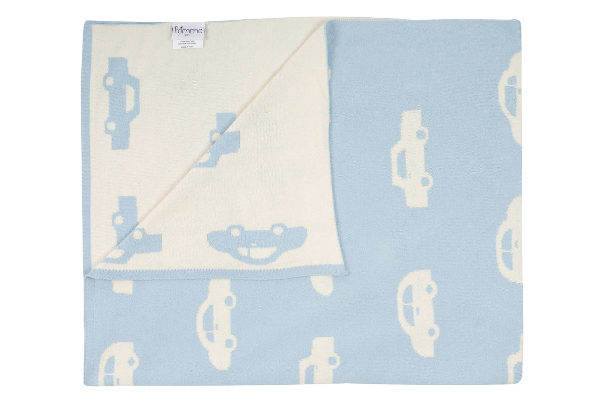 Pomme Cotton Knitted Little Cars Reversible Baby Blanket (Baby Blue)