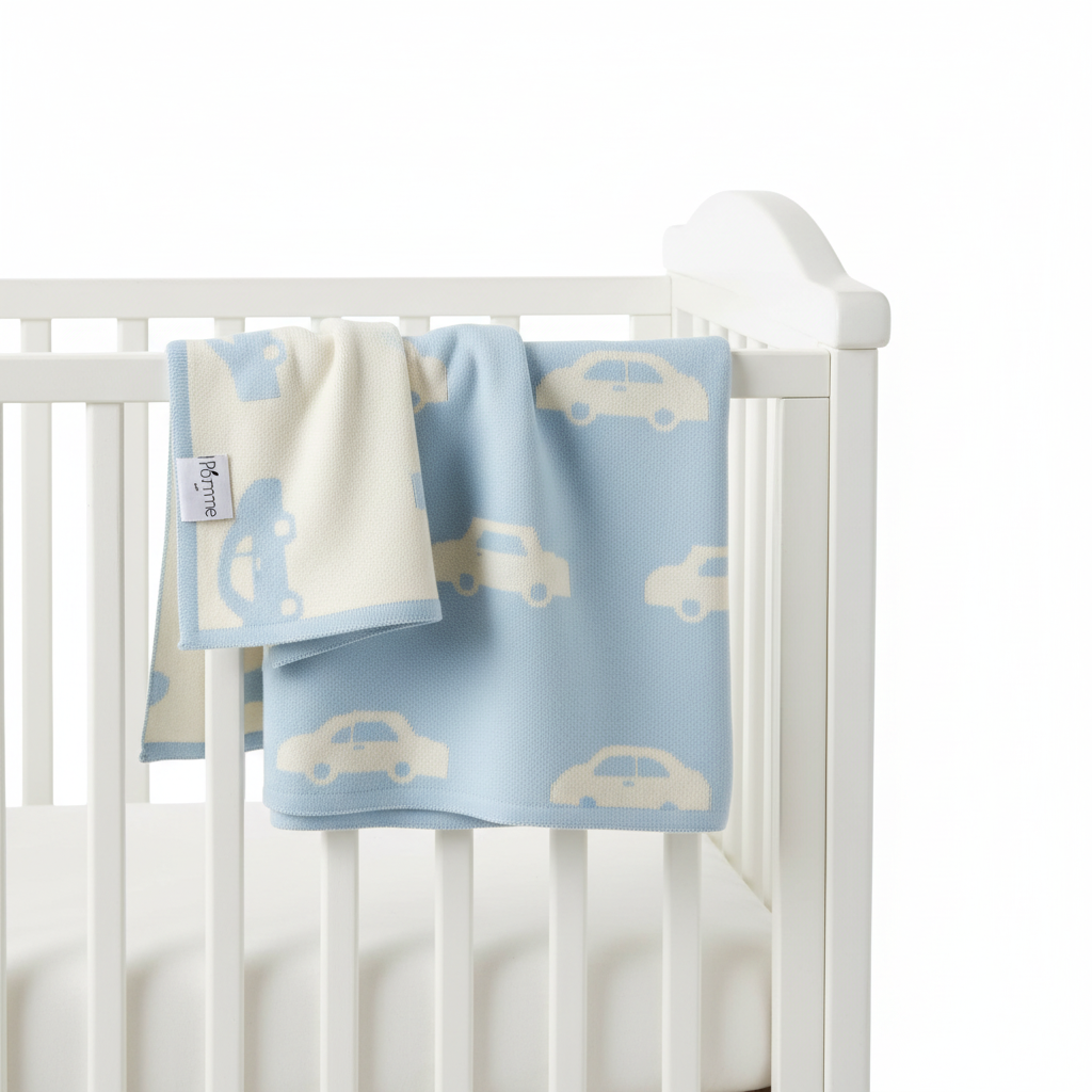 Pomme Cotton Knitted Little Cars Reversible Baby Blanket (Baby Blue)