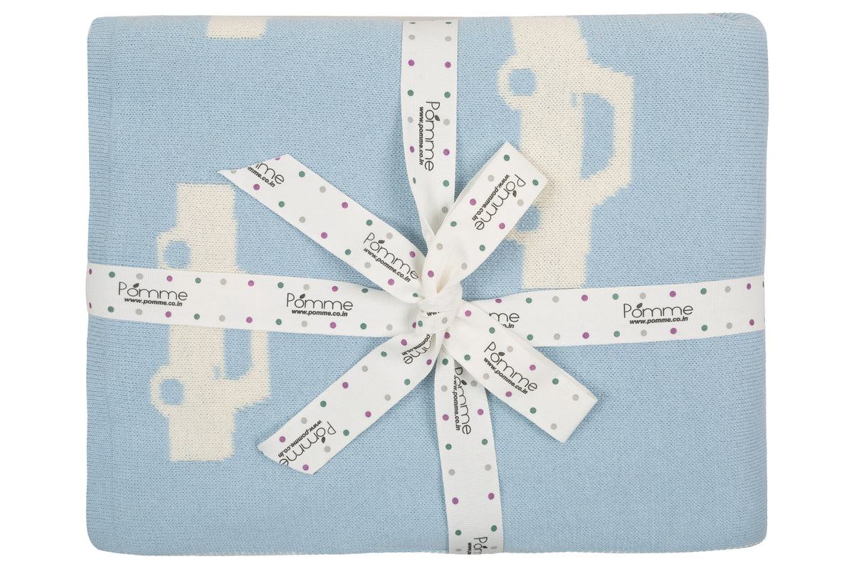 Pomme Cotton Knitted Little Cars Reversible Baby Blanket (Baby Blue)
