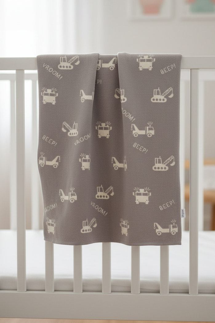Pomme Cotton Knitted Little Builders Baby Blanket (Grey Melange)
