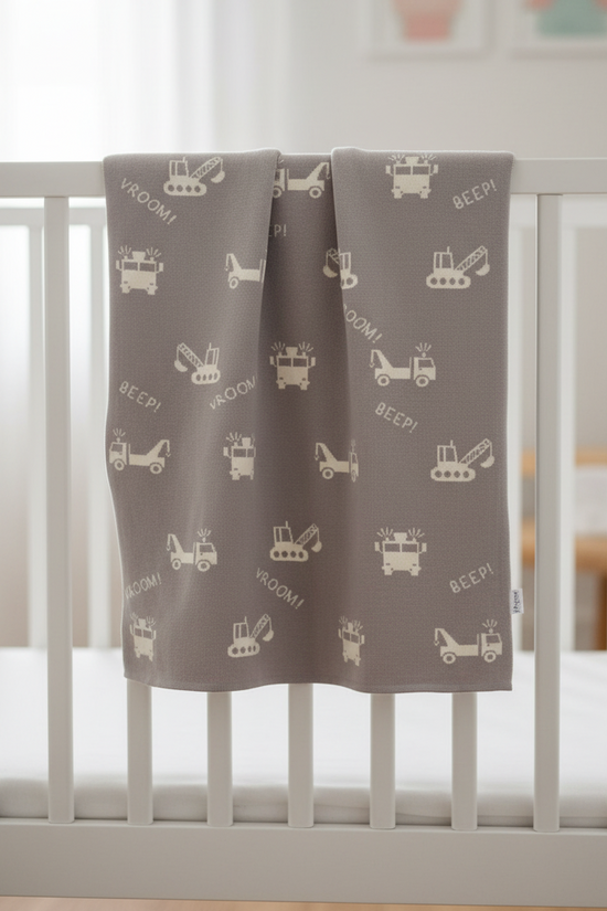 Pomme Cotton Knitted Little Builders Baby Blanket (Grey Melange)