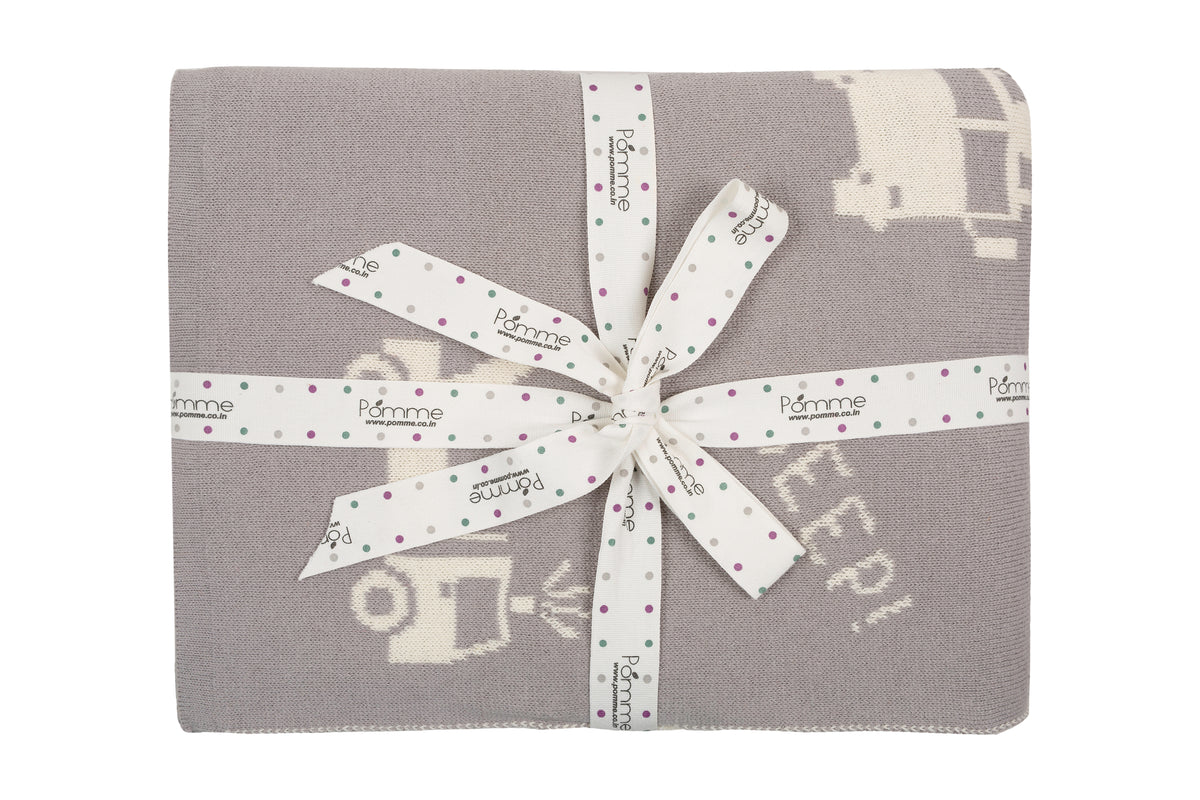 Pomme Cotton Knitted Little Builders Baby Blanket (Grey Melange)