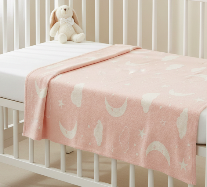 Pomme Cotton Knitted Moonlit Sky Baby Blanket (Vert Pink)