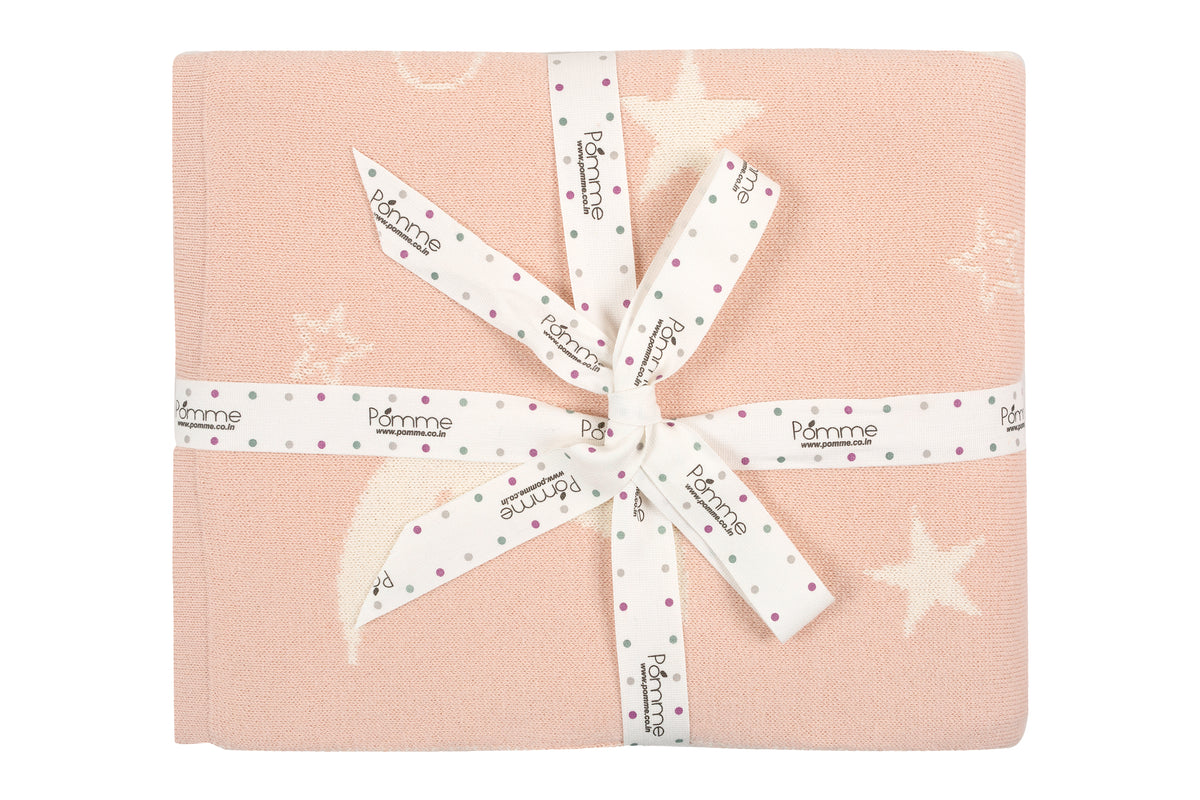 Pomme Cotton Knitted Moonlit Sky Baby Blanket (Vert Pink)