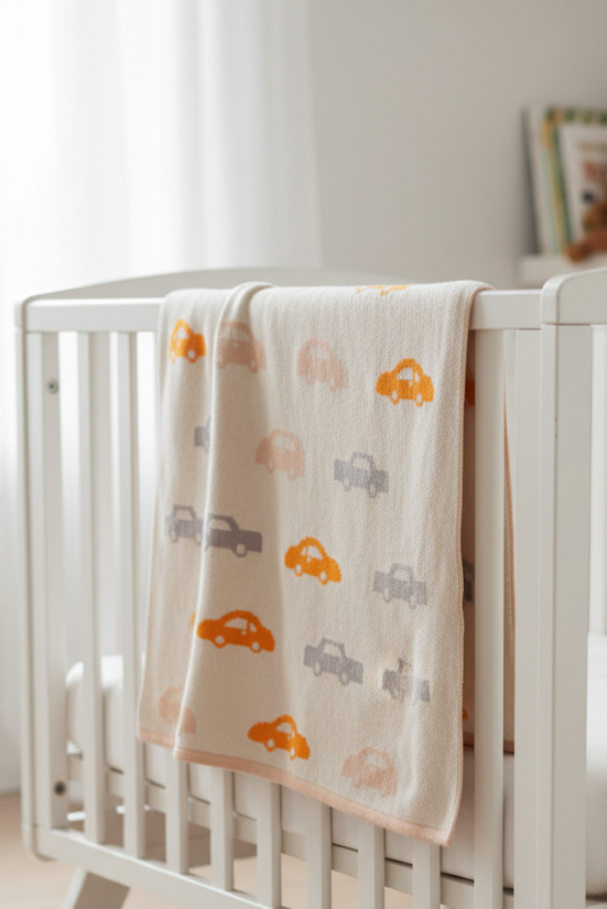 Pomme Cotton Knitted Colorful Little Cars Baby Blanket