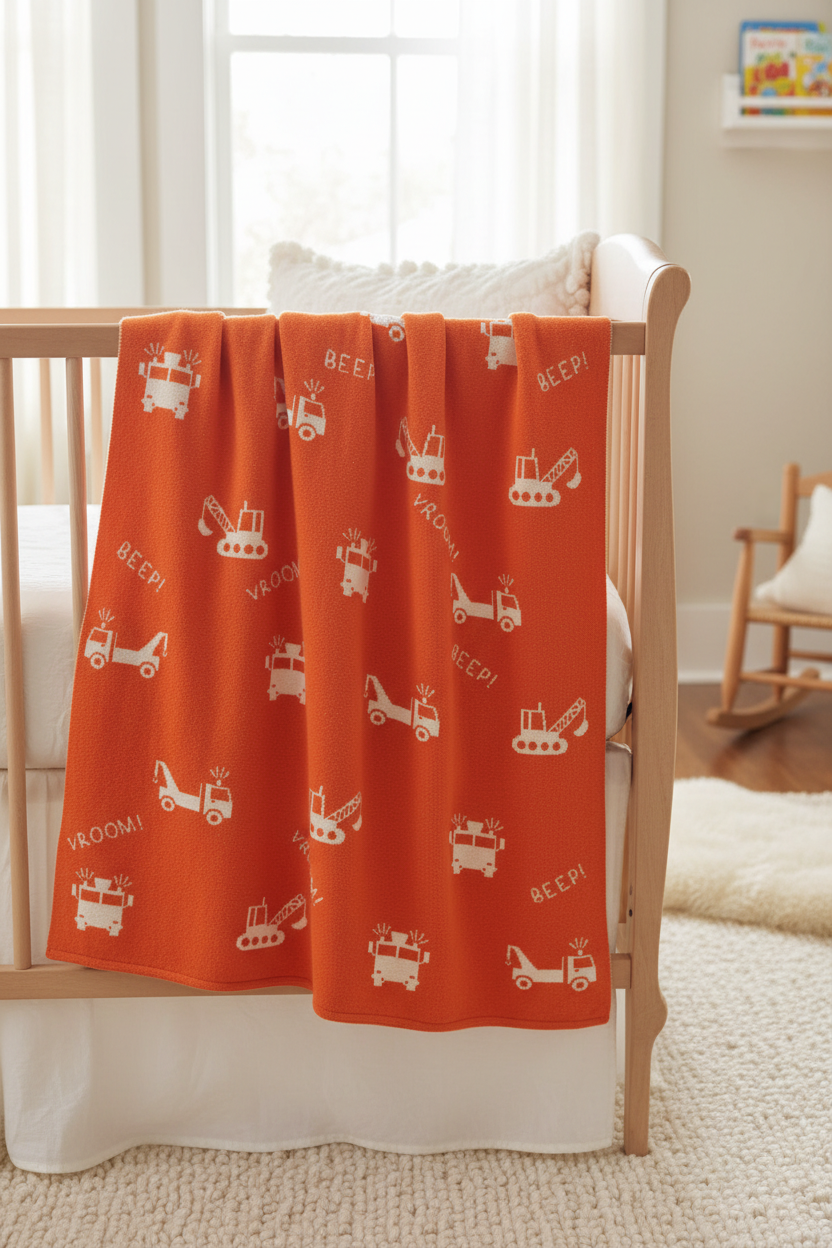Pomme Cotton Knitted Little Builders Baby Blanket (Pale Orange)