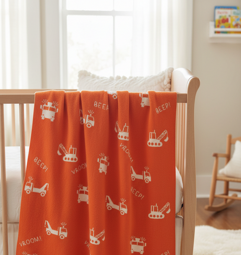 Pomme Cotton Knitted Little Builders Baby Blanket (Pale Orange)