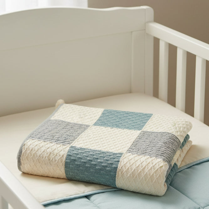 Pomme Patchwork Knit Baby Blanket (Grey & Peacock Blue)