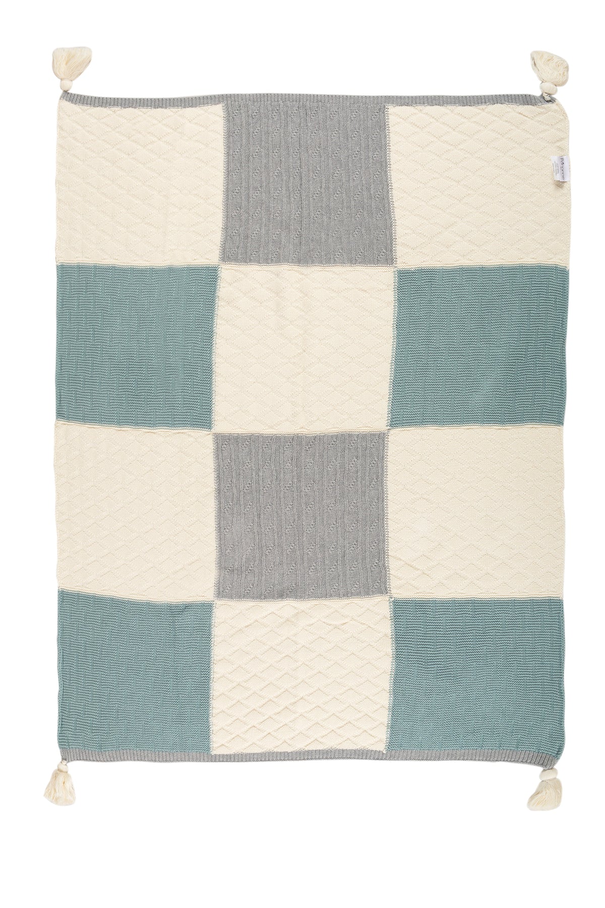 Pomme Patchwork Knit Baby Blanket (Grey & Peacock Blue)