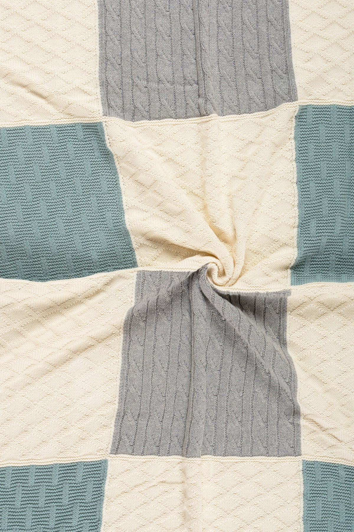 Pomme Patchwork Knit Baby Blanket (Grey & Peacock Blue)