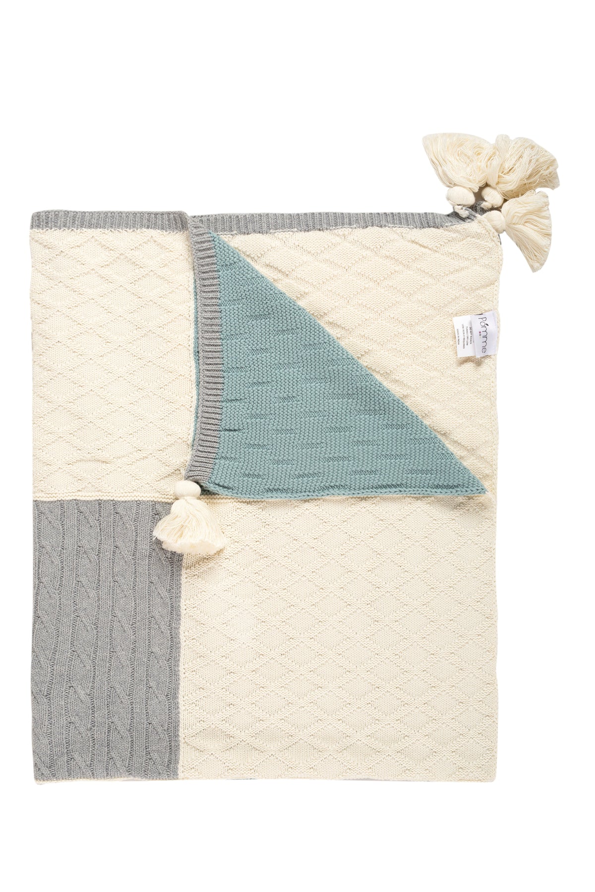 Pomme Patchwork Knit Baby Blanket (Grey & Peacock Blue)