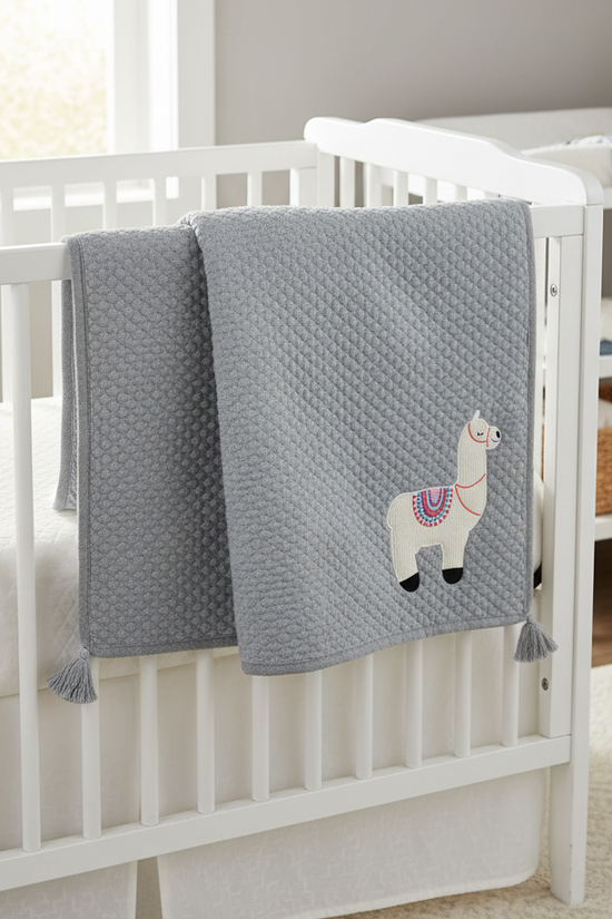 Pomme Cotton Knitted Happy Llama Diamond-Quilt Baby Blanket with Tassels