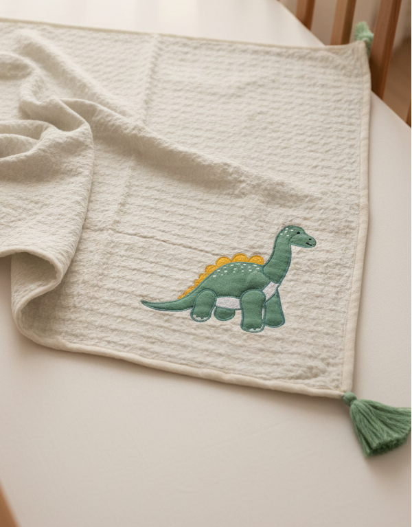 Pomme Little Dino Baby Blanket with Tassels (Ivory & Feldspar)