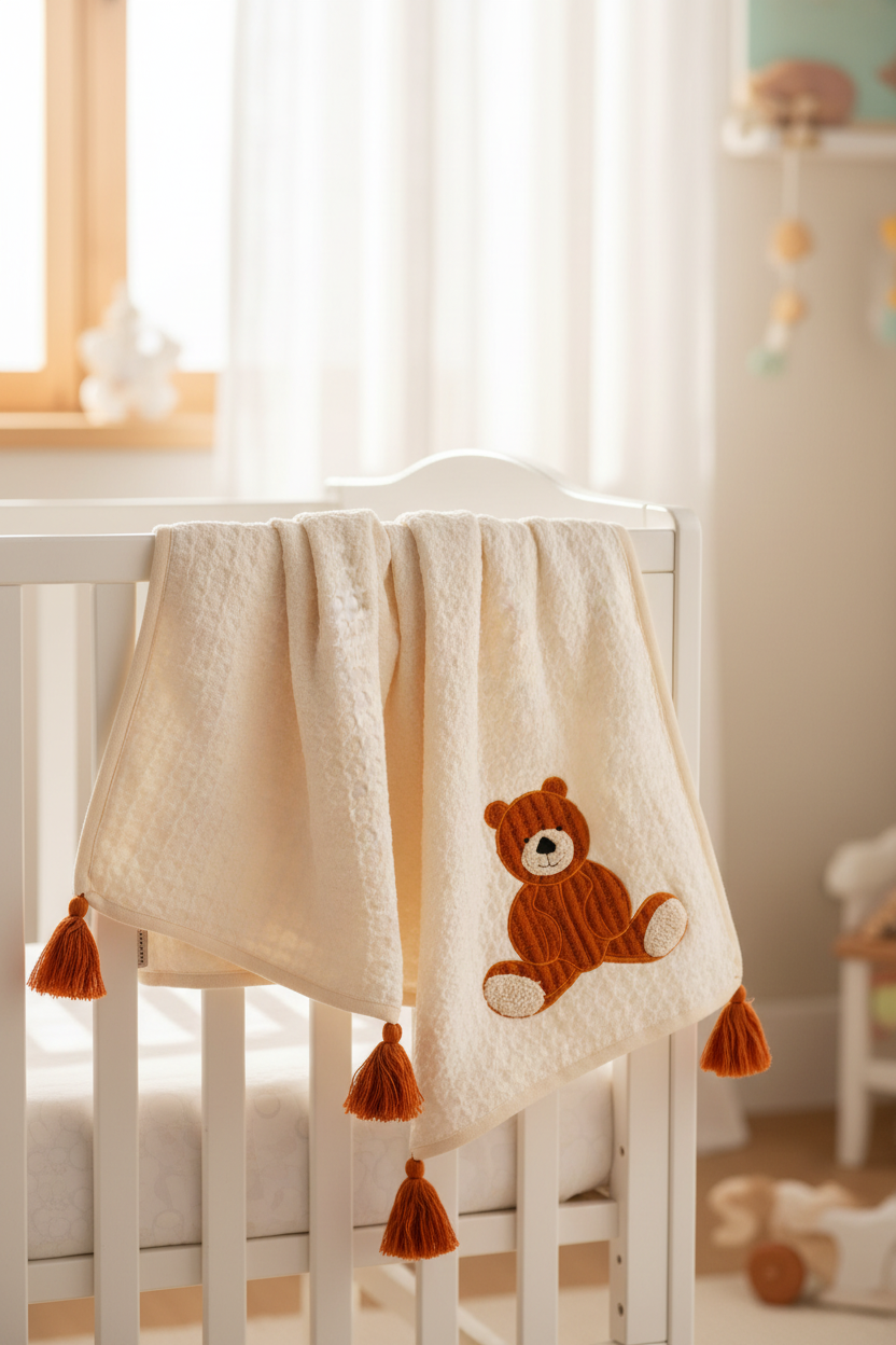 Pomme Cotton Knitted Cuddle Bear Baby Blanket with Tassels
