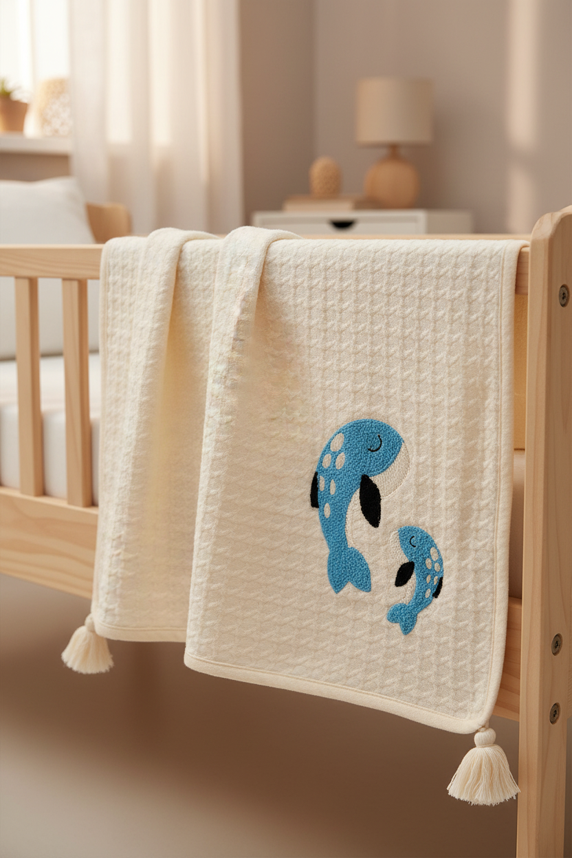 Pomme Cotton Knitted Dolphin Baby Blanket with Tassels