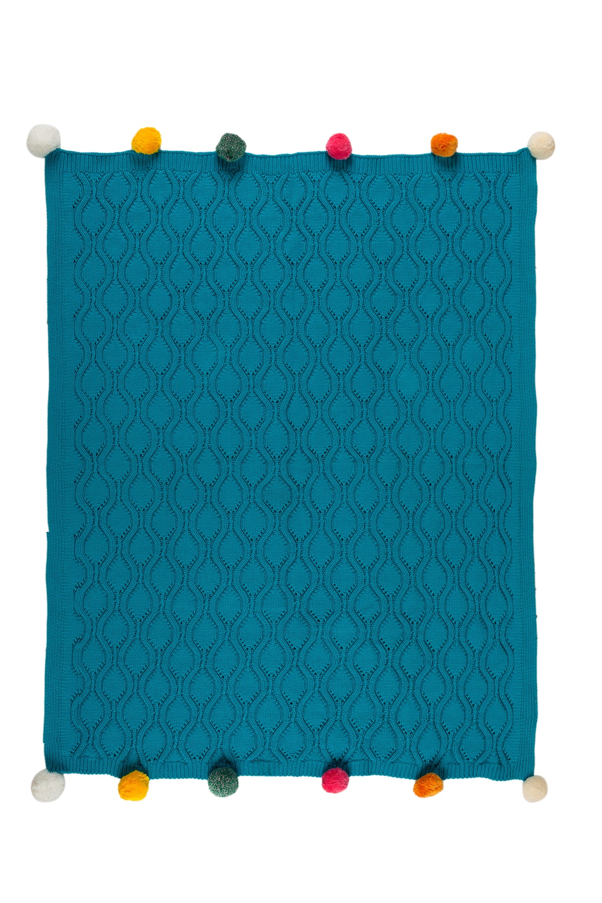 Pomme Cotton Knitted Ogee Pointelle Decorative Blanket with Pom-Poms (Enamel Blue)