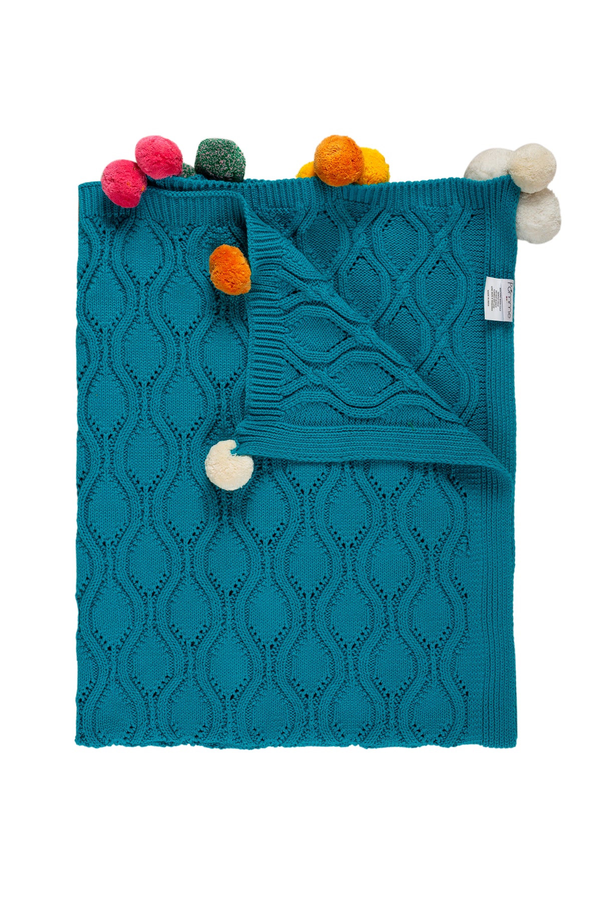 Pomme Cotton Knitted Ogee Pointelle Decorative Blanket with Pom-Poms (Enamel Blue)