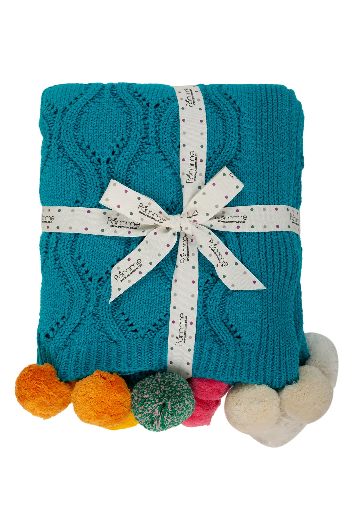 Pomme Cotton Knitted Ogee Pointelle Decorative Blanket with Pom-Poms (Enamel Blue)