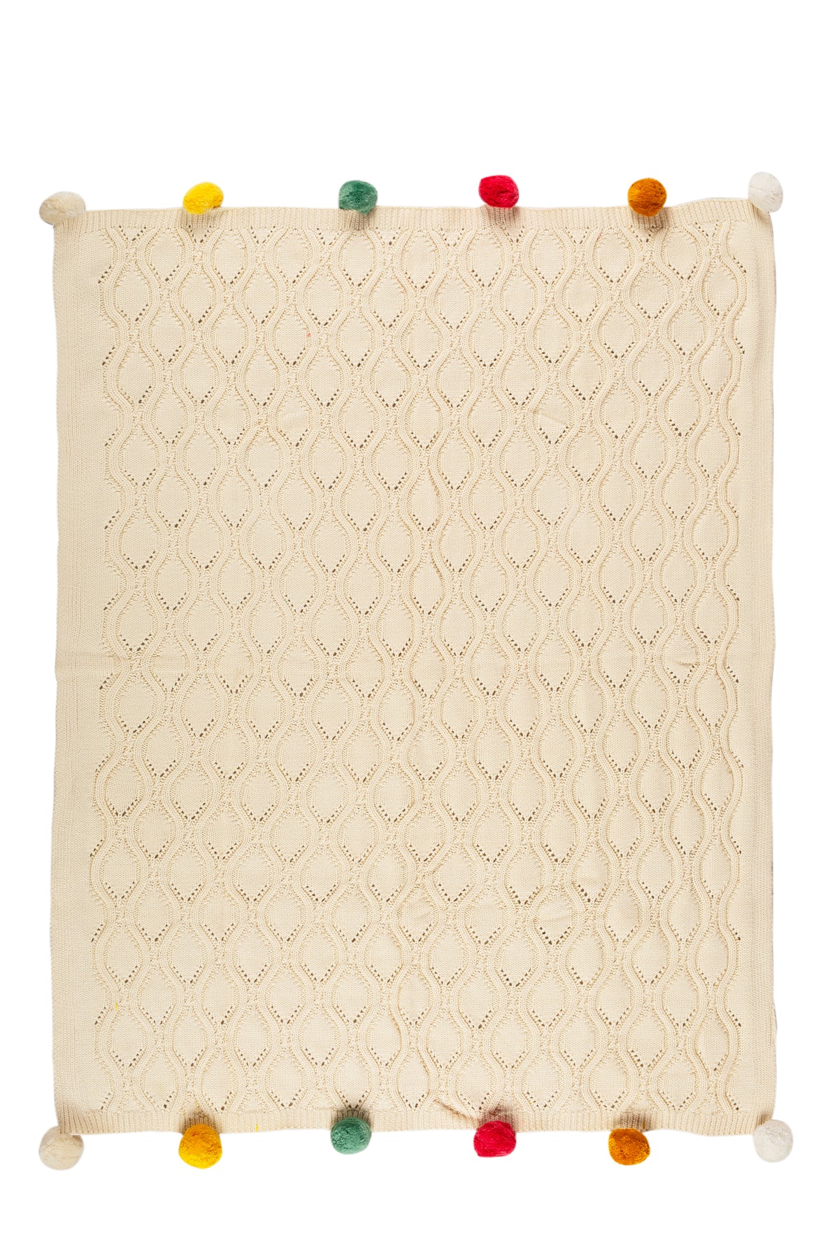 Pomme Cotton Knitted Ogee Pointelle Decorative Blanket with Pom-Poms (Ivory)