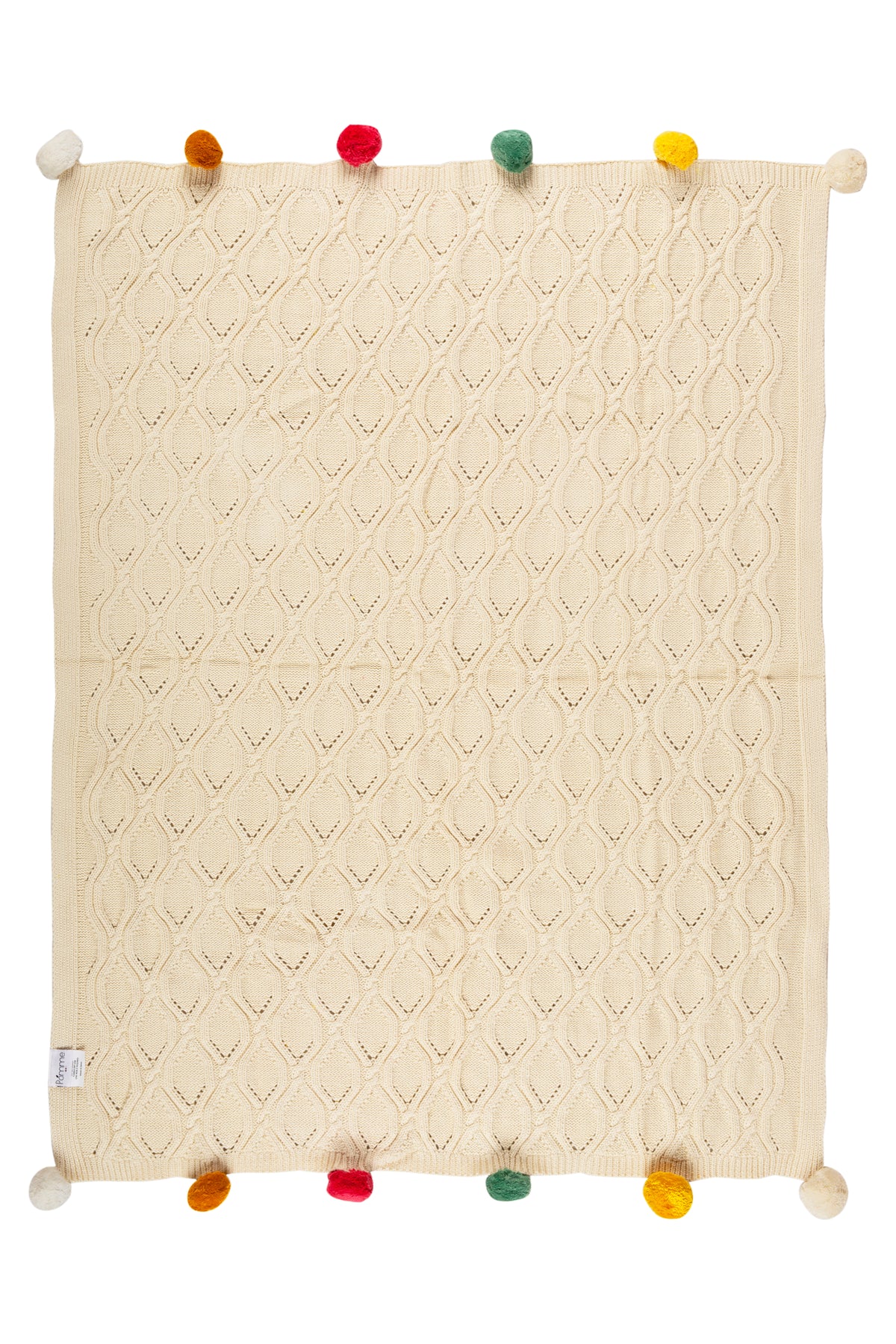 Pomme Cotton Knitted Ogee Pointelle Decorative Blanket with Pom-Poms (Ivory)